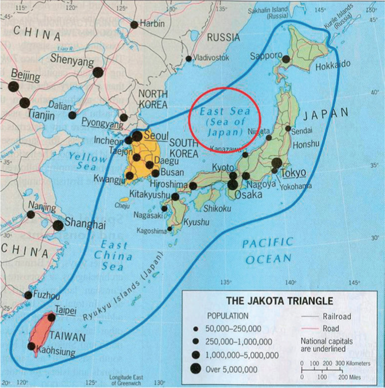 동해와 일본해를 병기한 지도