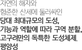 자연의 해자와 험준한 산세에 둘러싸인 당대 최대규모의 도성,기능과 역할에 따라 구역 분할,고구려만의 독특한 도성체제, 평양성